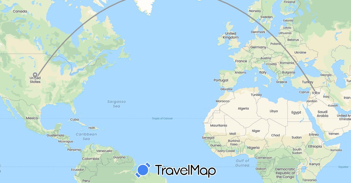 TravelMap itinerary: driving, plane in Syria, United States (Asia, North America)